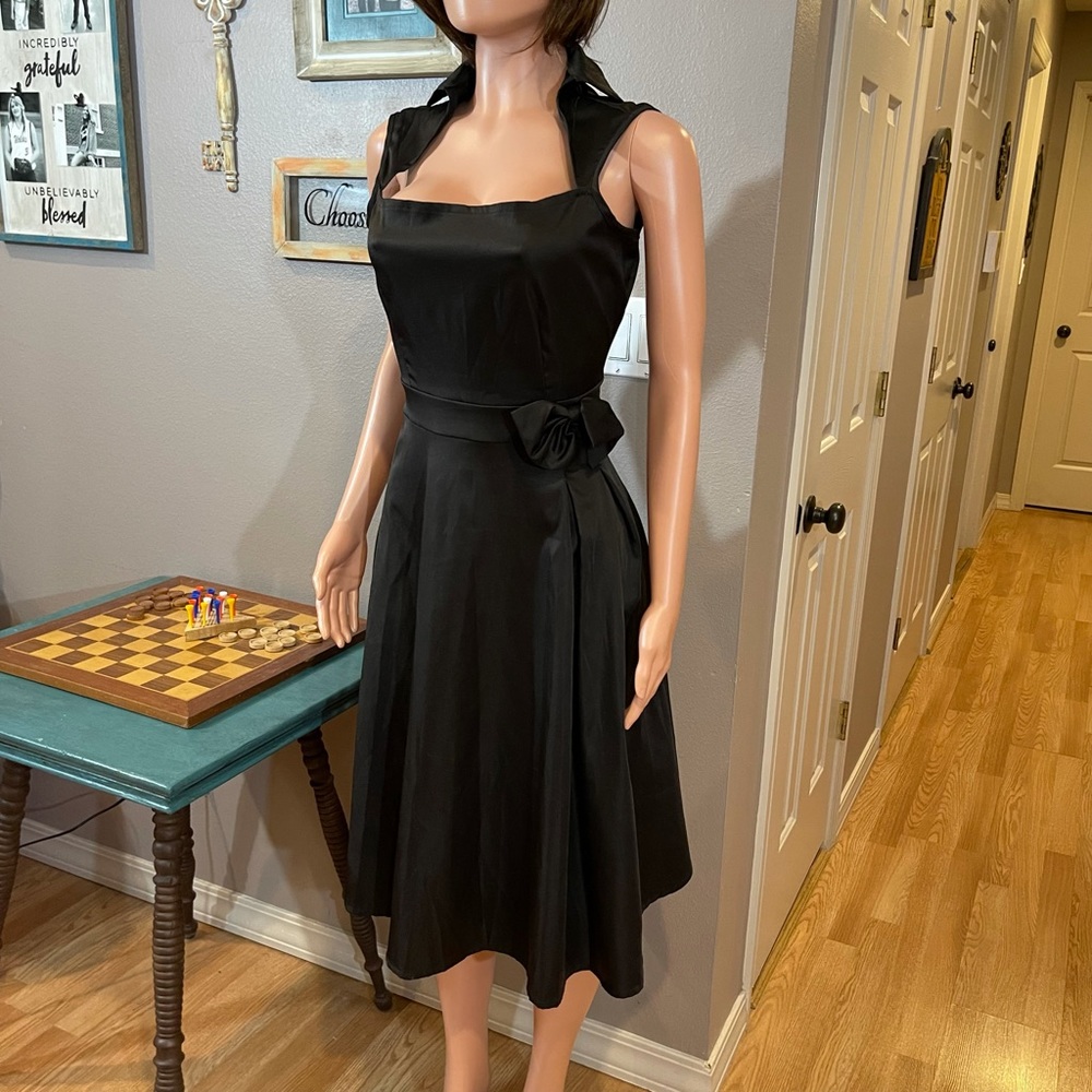 Black satin retro square neck dress